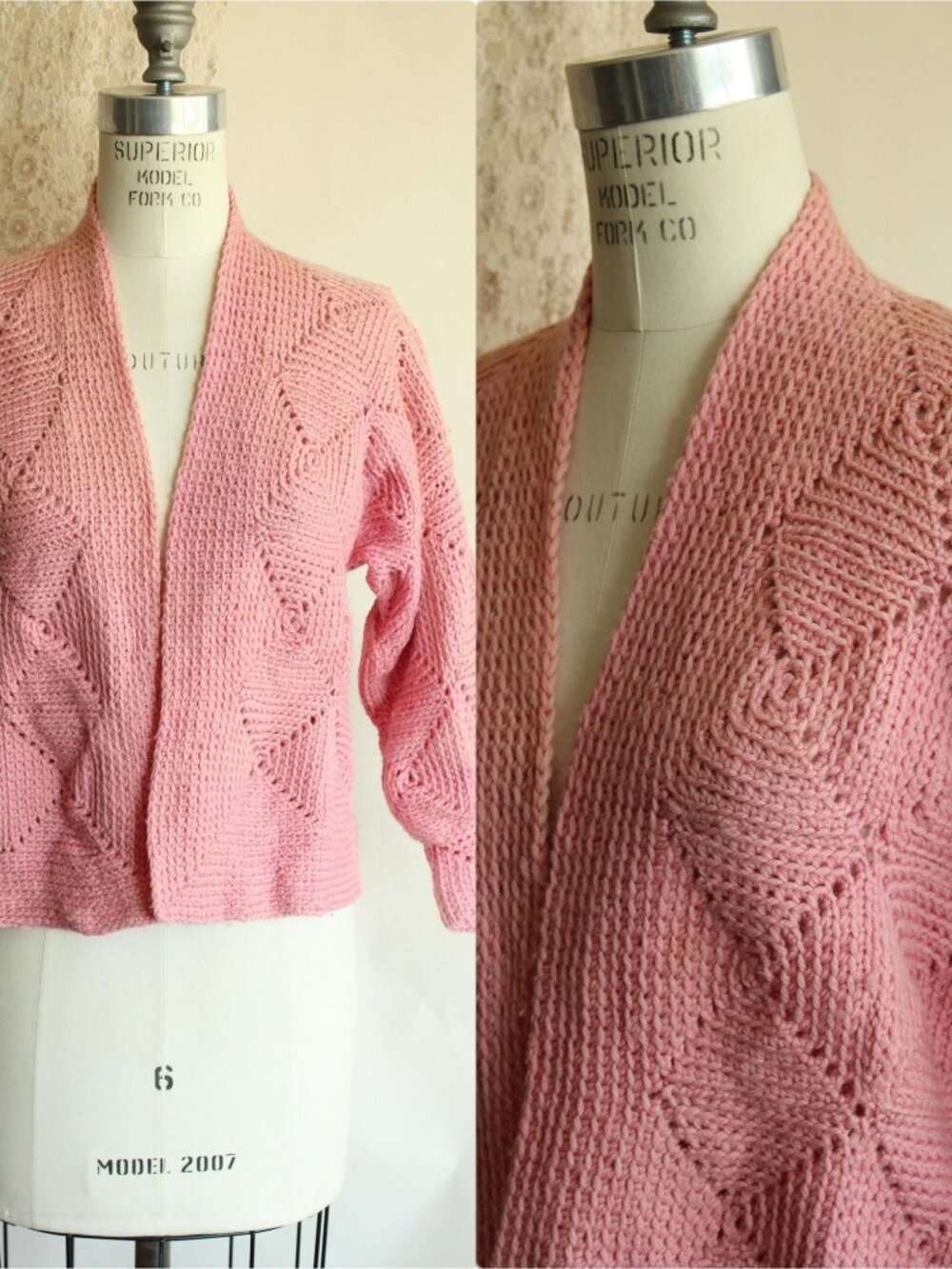 Vintage 1940s Wool Sweater, Pink Knit Cardigan with Diamond Pattern